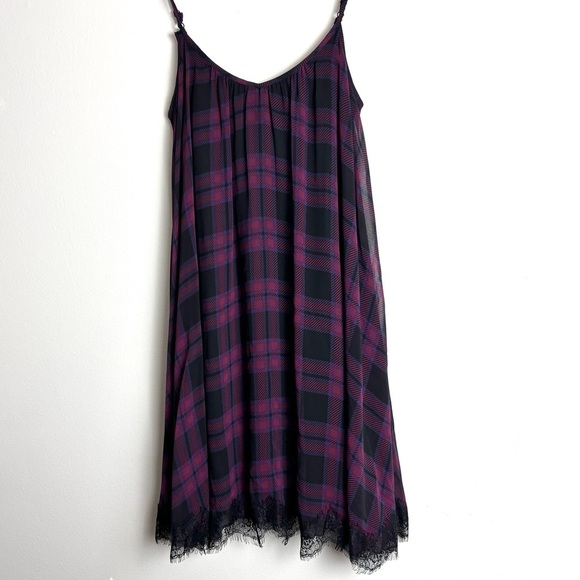 Express Dresses & Skirts - Express slip dress black purple plaid XS lace trim